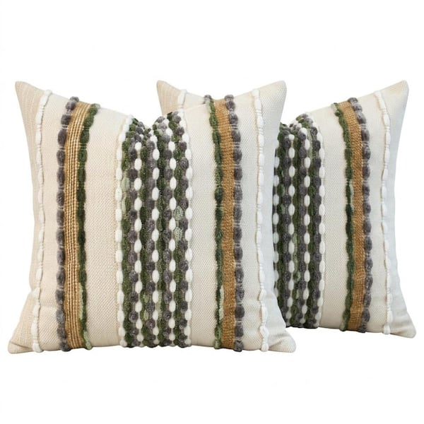Green Farmhouse Striped Chenille Throw Pillow Covers 18 in. x 18 in. - Set of 2