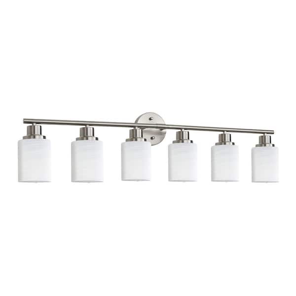 38.6 in. Modern 6-Light Bathroom Vanity Light, Frosted White Glass with Brushed Nickel Iron Frame (Bulb Not Included)