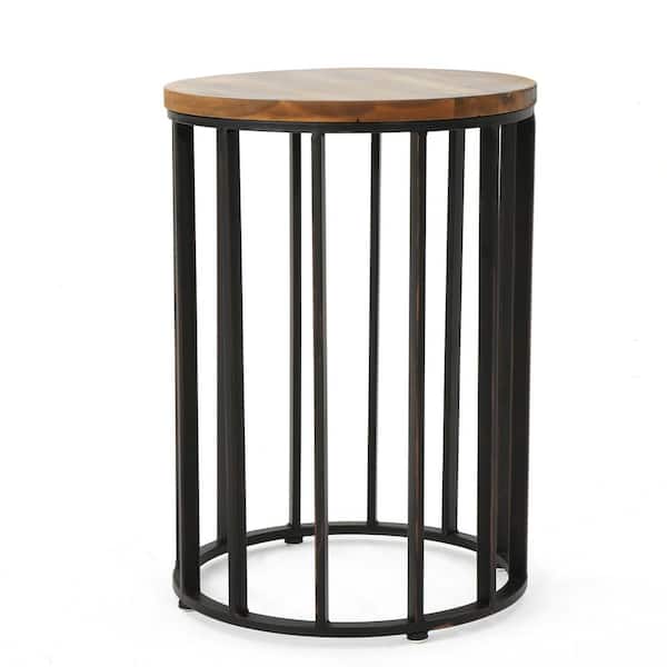 Zeus & Ruta Brown Acacia Wood and Metal Outdoor Patio Side Table for Outdoors, Garden, Lawn, Backyard