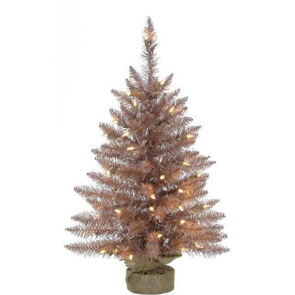 Fraser Hill Farm 4 ft. Blush Pre-Lit Festive Tinsel Artificial Christmas Tree with Burlap Bag and Warm White LED Lights