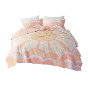 Ellie 3-Piece Yellow/Coral Twin Reversible Sunshine Printed Cotton Quilt Set with Throw Pillow