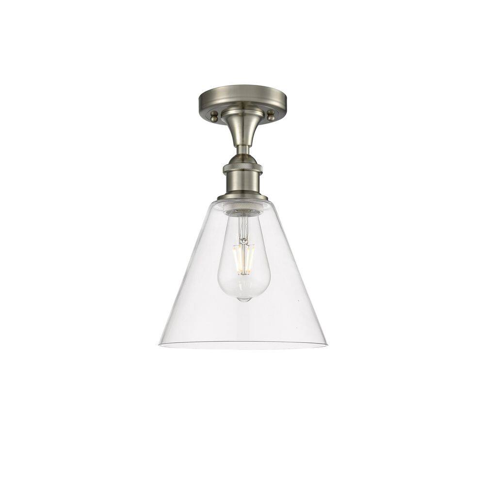 Berkshire 8 in. 1-Light Satin Nickel Industrial Semi-Flush Mount with Clear Glass Shade price history on PriceWatchPro