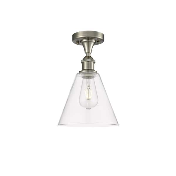 Innovations Berkshire 8 in. 1-Light Satin Nickel Industrial Semi-Flush Mount with Clear Glass Shade