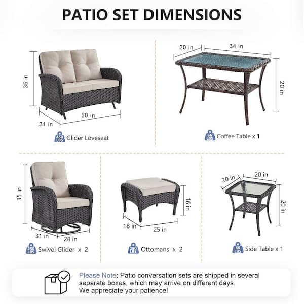 SleekArm 7-Piece Black Wicker Patio Conversation Set with Olefin Beige Cushion/Glider Loveseat with Patio Swivel Chairs