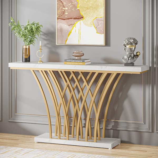 BYBLIGHT Turrella 59.05 in. White Gold Rectangle Wood Console Table ...