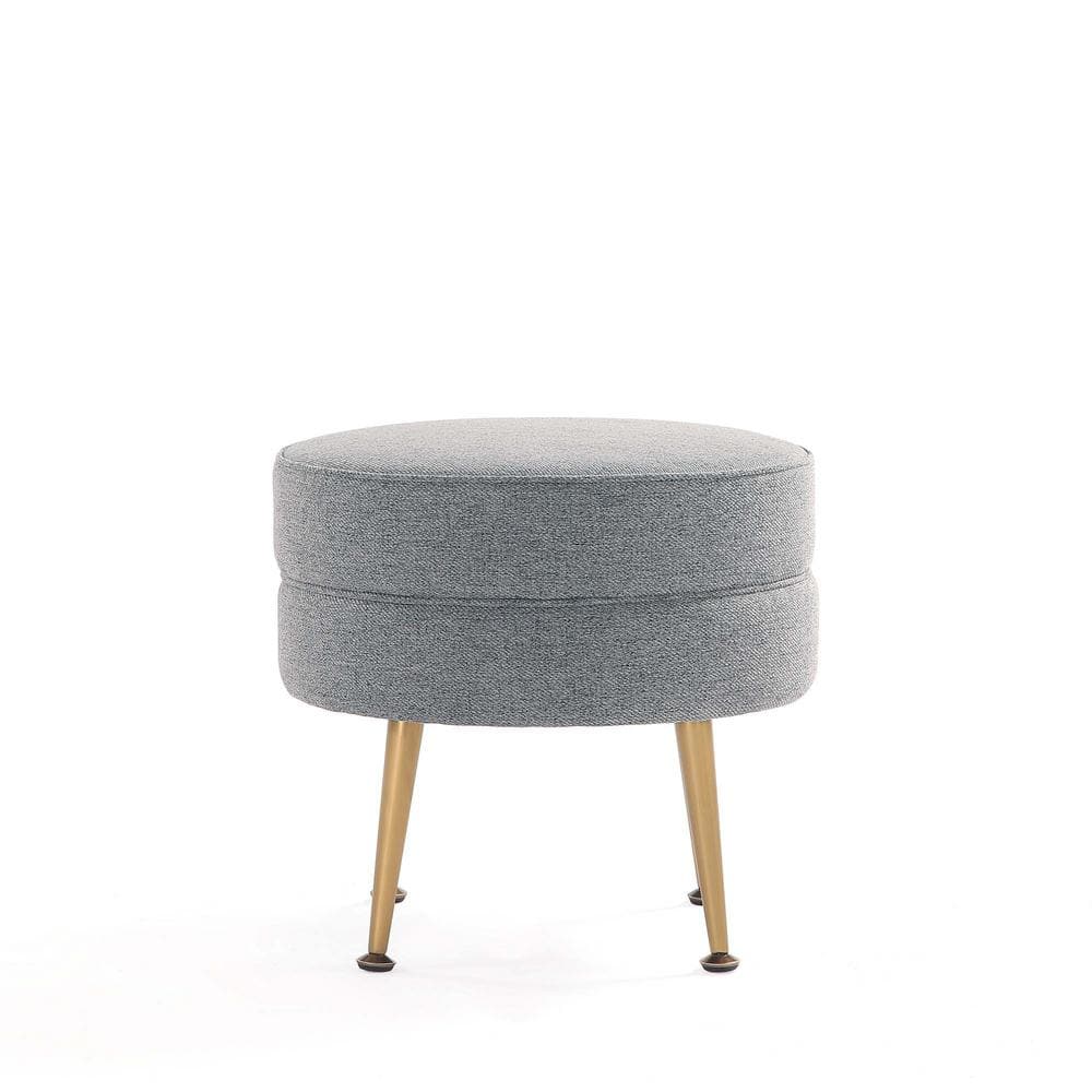 Bailey Round Gray Upholstered Ottoman with Gold Legs