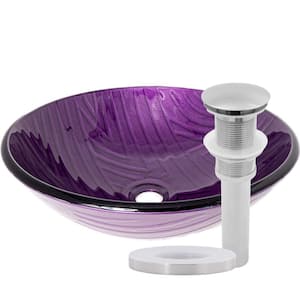 Viola Hand Painted Purple Glass Round Bathroom Vessel Sink with Drain in Brushed Nickel
