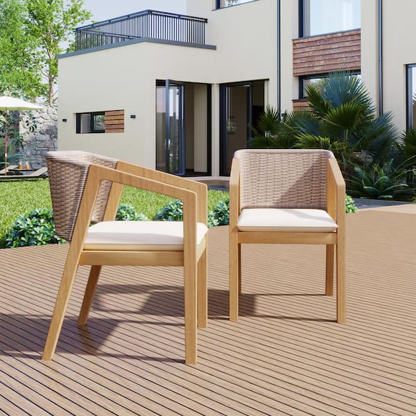 CHRISTOPHER KNIGHT HOME Thalina Modern Outdoor Patio Rope Weave Dining Chairs with Beige Cushion, Acacia Wood, Light Teak, (Set of 2)