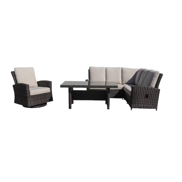 Courtyard Casual Cheshire 5-Piece Aluminum Chow Dining Recline Sectional Set with Swivel Glider with Cream Cushions