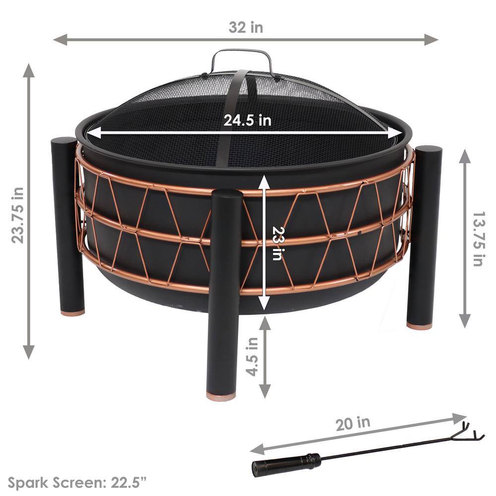 32-Inch Black Steel Fire Pit with Bronze Trapezoid Design