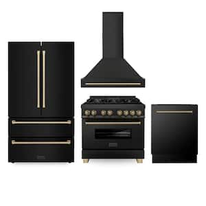 36 in. Black Stainless and Champagne Bronze Package 6 Burner Range, Range Hood Dishwasher, and French Door Refrigerator