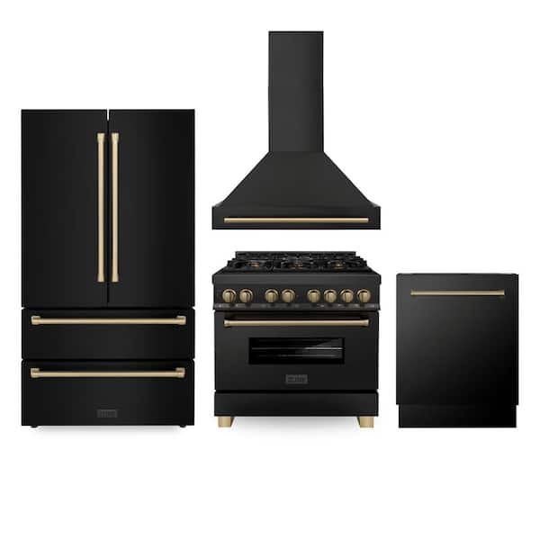ZLINE Kitchen and Bath 36 in. Black Stainless and Champagne Bronze Package 6 Burner Range, Range Hood Dishwasher, and French Door Refrigerator