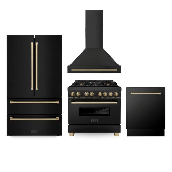 36 in. Black Stainless and Champagne Bronze Package 6 Burner Range, Range Hood Dishwasher, and French Door Refrigerator