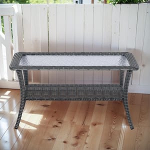 Gray Rectangle Wicker Outdoor Coffee Table with Tempered Glass Top and Storage Space