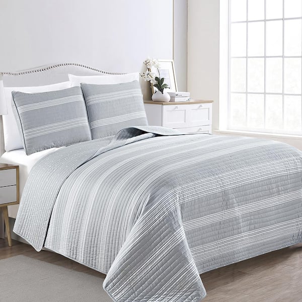 FRESHFOLDS Gray Reversible Striped Pattern Twin Microfiber 2-Piece Quilt Set Bedspread