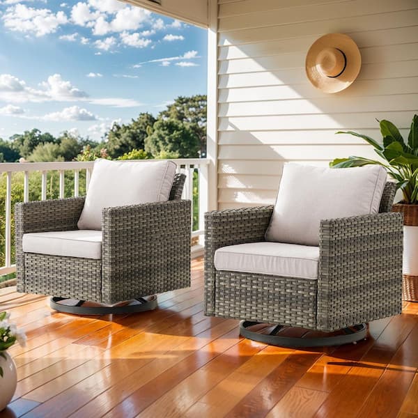 9-Piece Gray Wicker Fire Pit Conversation Set with Olefin Beige Cushions and Sectionsal Sofa/Swivel Gliders