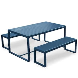 Outdoor 3-Piece Aluminum Rectangular Patio Dining Set with Benches - Blue