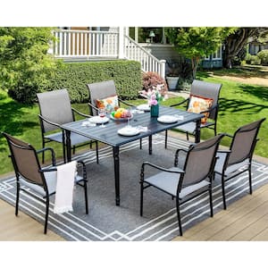 Black 7-Piece Metal Rectangle Patio Outdoor Dining Set with Slat Table and Gourd-Shaped Design Textilene Chairs