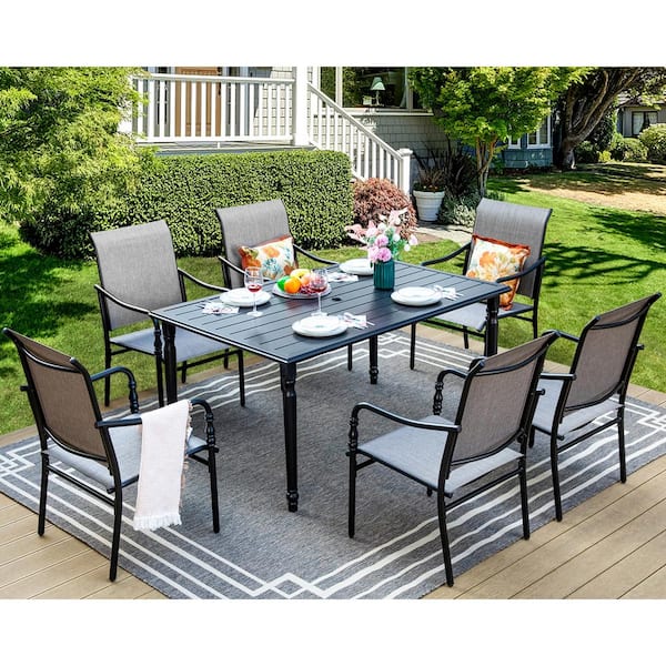 PHI VILLA Black 7-Piece Metal Rectangle Patio Outdoor Dining Set with Slat Table and Gourd-Shaped Design Textilene Chairs