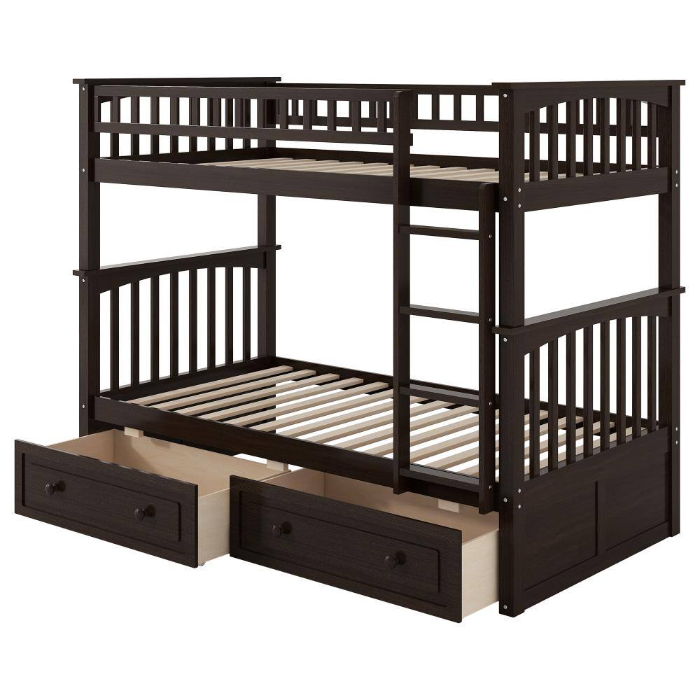 Nestfair Espresso Wood Twin over Twin Bunk Bed with Drawers and ...