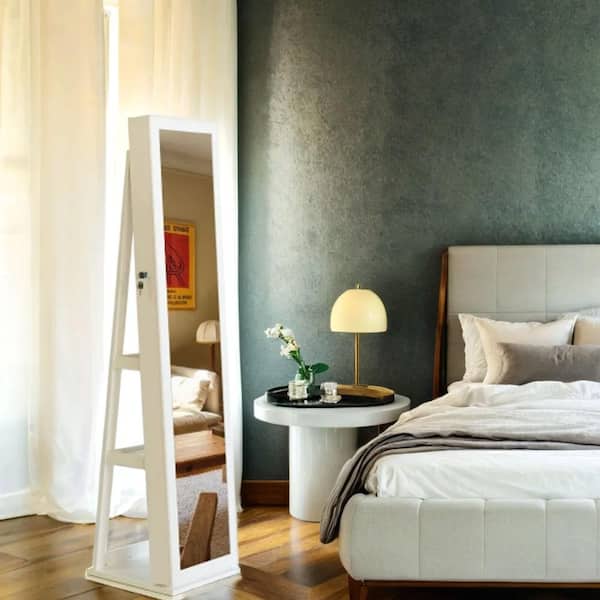 Afoxsos White 14.2 in. W x 43 in. H 360° Swivel Jewelry Armoire Full Length Mirror with LED Light and Back Storage Shelves