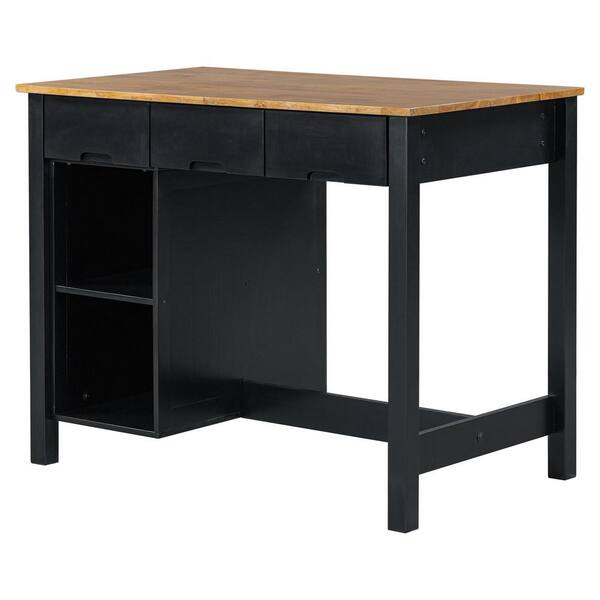 ANTFURN Black Wood 45.10 in. Kitchen Island with Cabinets; Drawers; Free Standing; Shelf; Stools