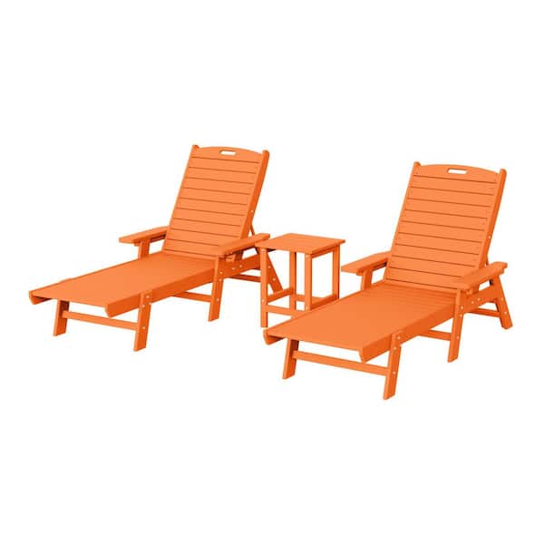 Harlo 3-Piece Orange Fade Resistant HDPE Plastic Reclining Outdoor Patio Chaise Lounge Arm Chair and Table Set