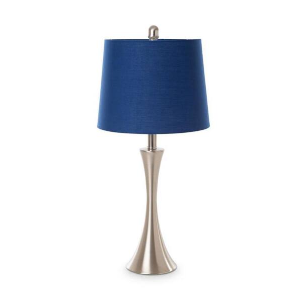 HomeRoots 26 in. Silver Standard Light Bulb Bedside Table Lamp with Blue Cotton Shade
