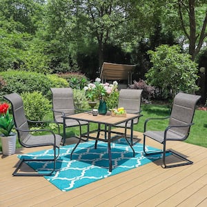 Black 5-Piece Metal Outdoor Patio Dining Set with Wood-Look Square Table and C-Spring Textilene Chairs