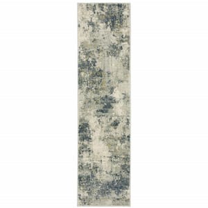 Beige Teal Grey and Gold Abstract 2 ft. x 8 ft. Power Loom Stain Resistant Runner Rug