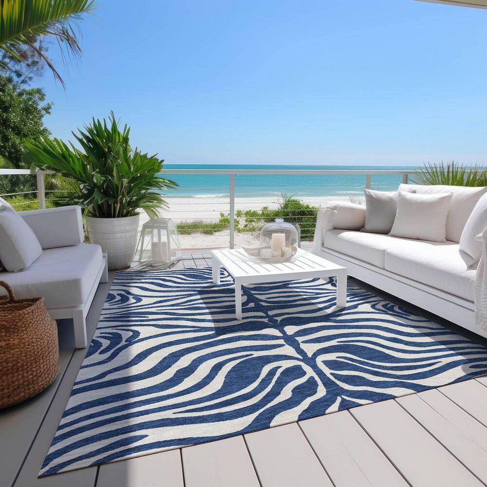 Navy and White Zebra Pattern Washable Synthetic Area Rug