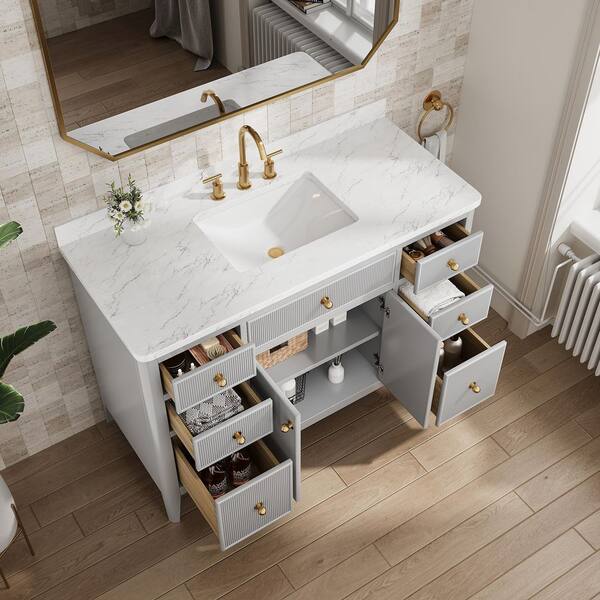Aldora 48 in. Single Sink Freestanding Light Grey Bath Vanity with White Engineered Stone Top Pre-Assembled