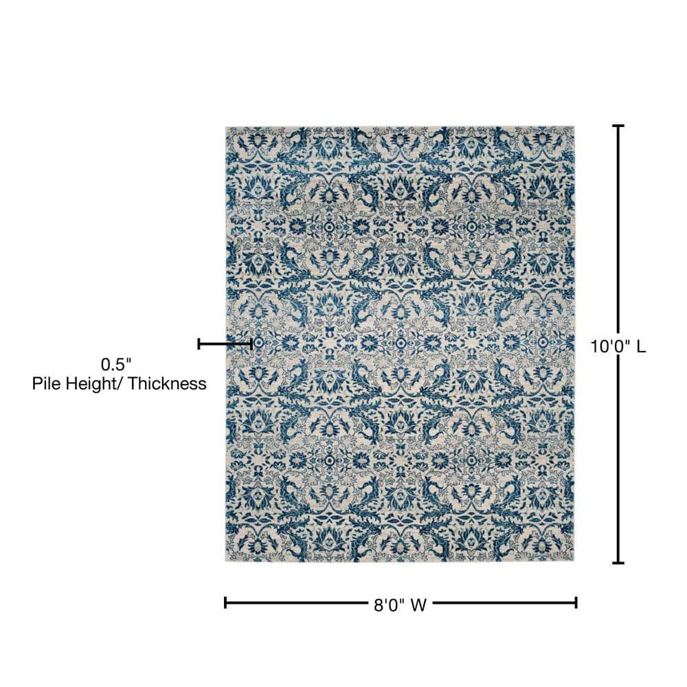 Ivory and Blue High Pile Floral Area Rug