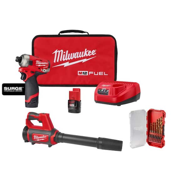 M12 FUEL SURGE 12V 1/4 in. Hex Impact Kit with M12 Compact Spot Blower with 15-Pc Titanium Set