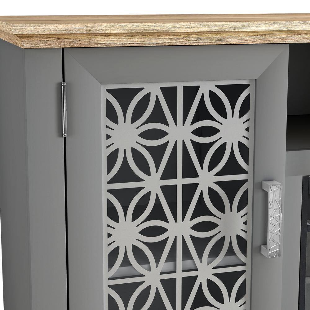Gray Farmhouse TV Stand with Electric Fireplace and Cabinet
