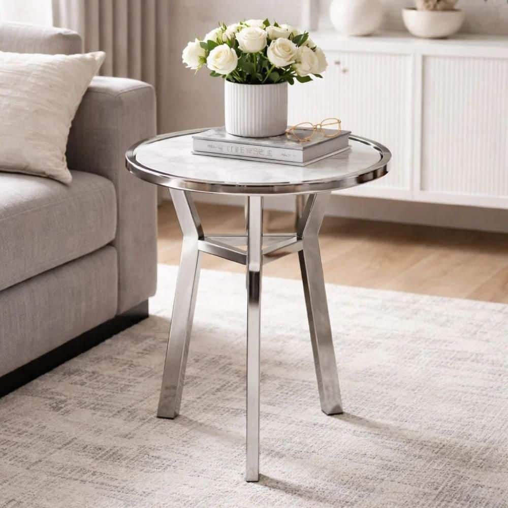 Modern 18.1 in. Silver and White Round Marble End Table with Pedestal Base price history on PriceWatchPro