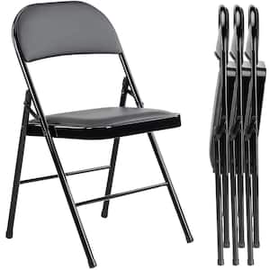 4-Pieces Outdoor Patio Folding Chairs, Leather Padded Foldable Chairs, Black