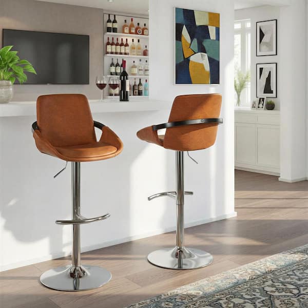 Cosmo 32.75 in. H Camel Faux Leather and Chrome Metal Adjustable Bar Stool with Rounded T Footrest (Set of 2)