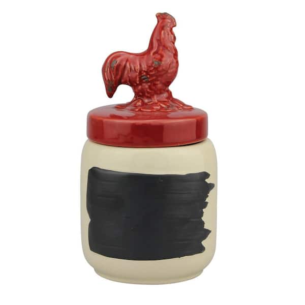Stonebriar Collection Red Ceramic Rooster Top Canister with Chalkboard Label