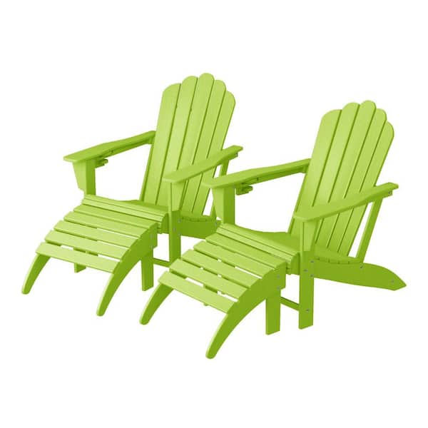 Aderson 4-Piece All Weather Outdoor Patio HDPE Adirondack Chairs w/ Cup Holders and Matching Ottomans in Lime