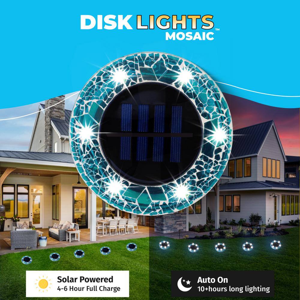 Blue Mosaic Solar Powered LED Pathway Disk Lights, Set of 8