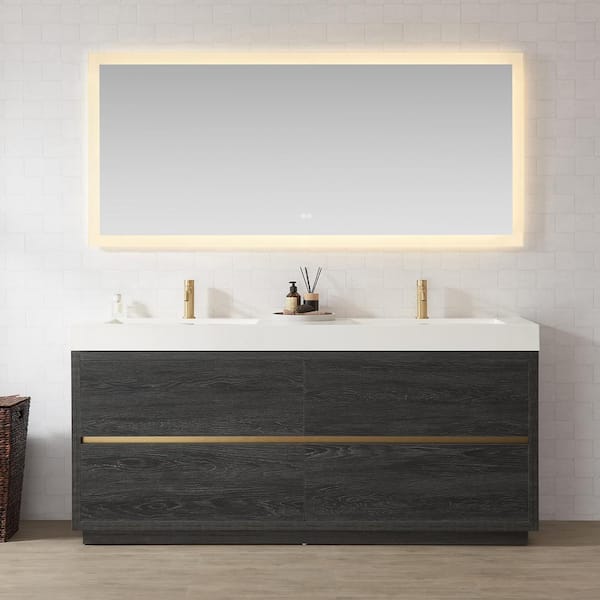 ROSWELL Huesca 71.7 in. W x 19.7 in. D x 33.9 in. H Double Sink Bath Vanity in North Black Oak with White Composite Stone Top