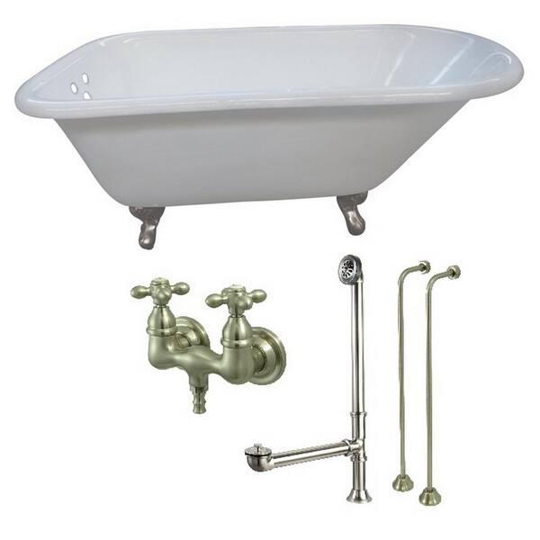 Aqua Eden Petite 54 in. Cast Iron Clawfoot Bathtub in White and Faucet Combo in Brushed Nickel