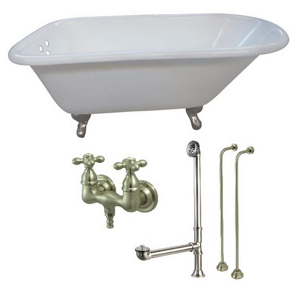 Petite 54 in. Cast Iron Clawfoot Bathtub in White and Faucet Combo in Brush