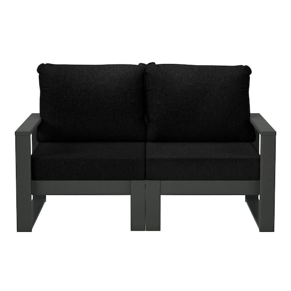 Endless Gray Frame HDPE Plastic Outdoor Patio Modern Modular Loveseat with Black Cushions