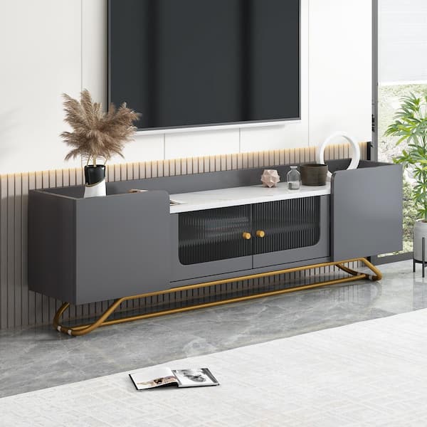 Magic Home 63 in. Sleek TV Stand Entertainment Center Console Table with Fluted Glass for TVs Up to 60 in., Grey