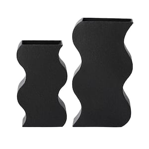 18 in. H/14 in. H Hurricane Modern Black Textured Ripple Metal Vases (Set of 2）