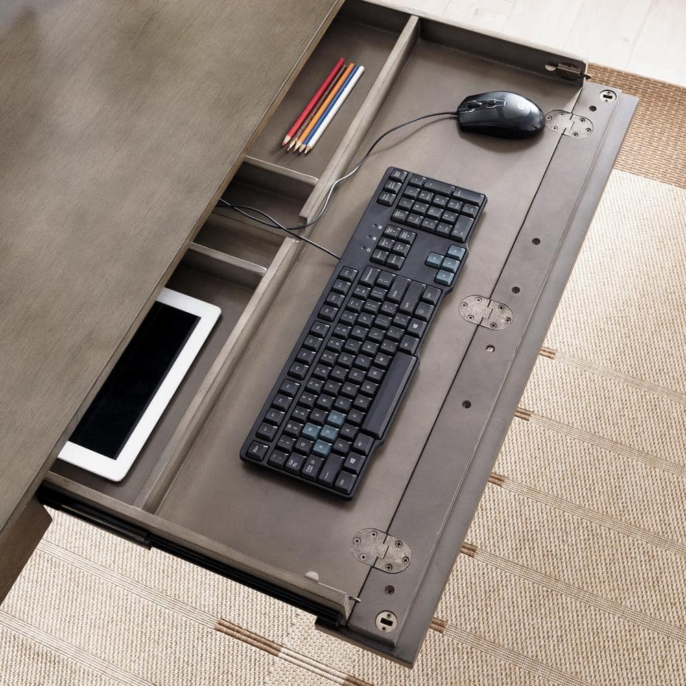 Modern Smoke Gray Wood and Silver Metal Desk with Keyboard Tray