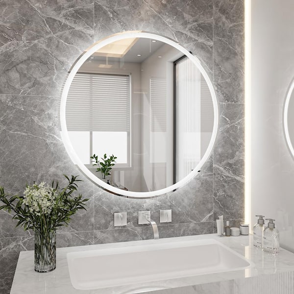 FAMYYT 24 in. W x 24 in. H Round Frameless Dimmable LED Light Wall Bathroom Vanity Mirror in Silver Finish