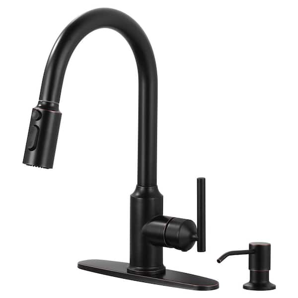 WOWOW Single Handle Pull Down Sprayer Kitchen Faucet in Oil Rubbed Bronze, Stainless Steel Kitchen Faucet with Soap Dispenser